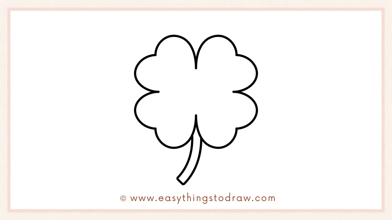 Step 5 of easy four-leaf clover drawing steps – A simple curved line is added underneath the leaves to create the stem.