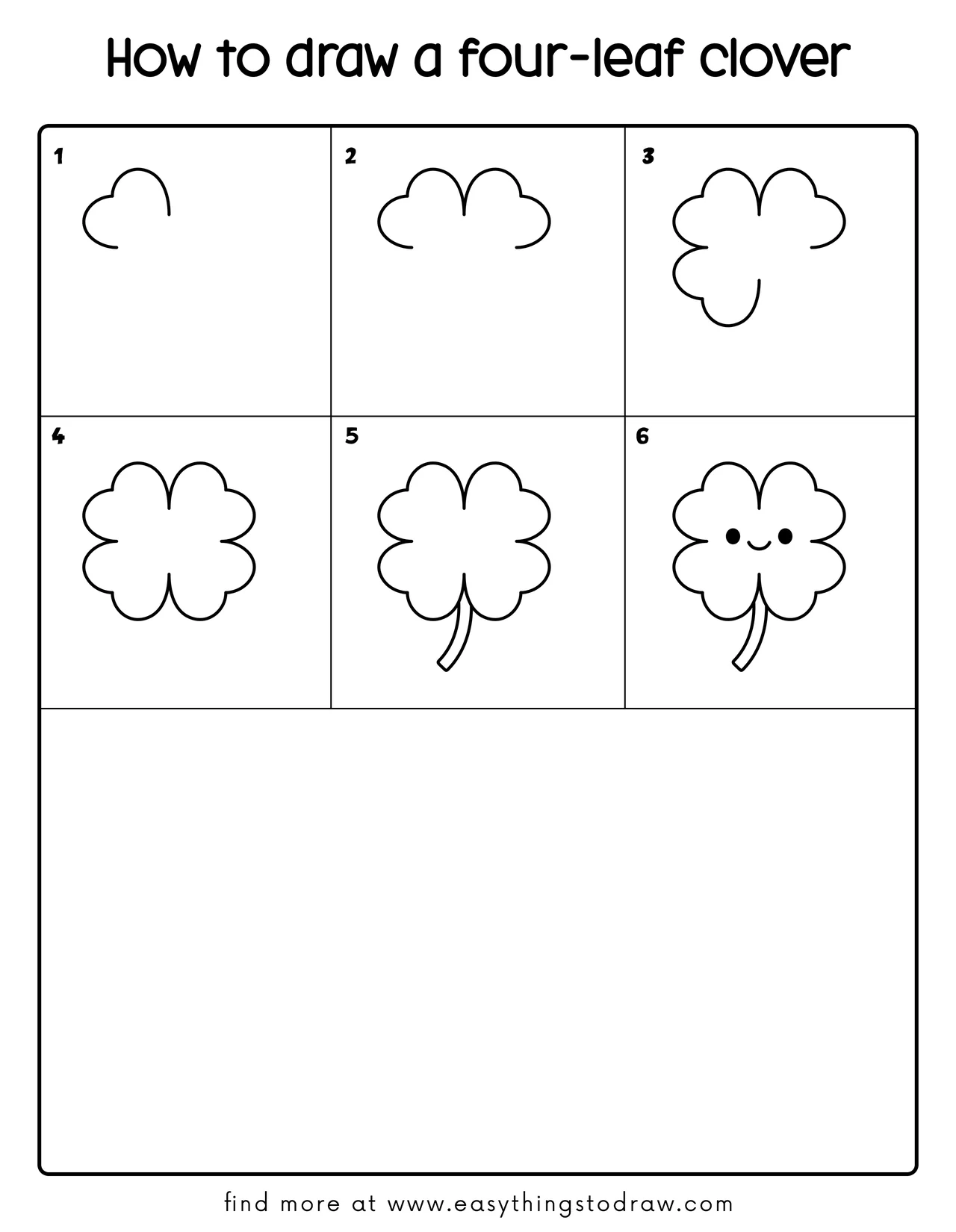 Step-by-step drawing tutorial showing how to draw a cute four-leaf clover in 6 easy steps for kids and beginners.