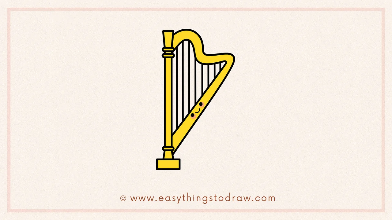 Final colored drawing of a cute cartoon St. Patrick's Day harp with a smiley face, colored in gold and green, perfect for kids' art projects.