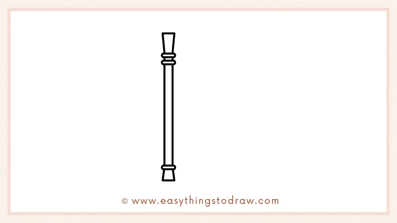 Step 2 of drawing a harp – Connecting the guide marks with two vertical lines to form the main column with small rectangles at the ends.
