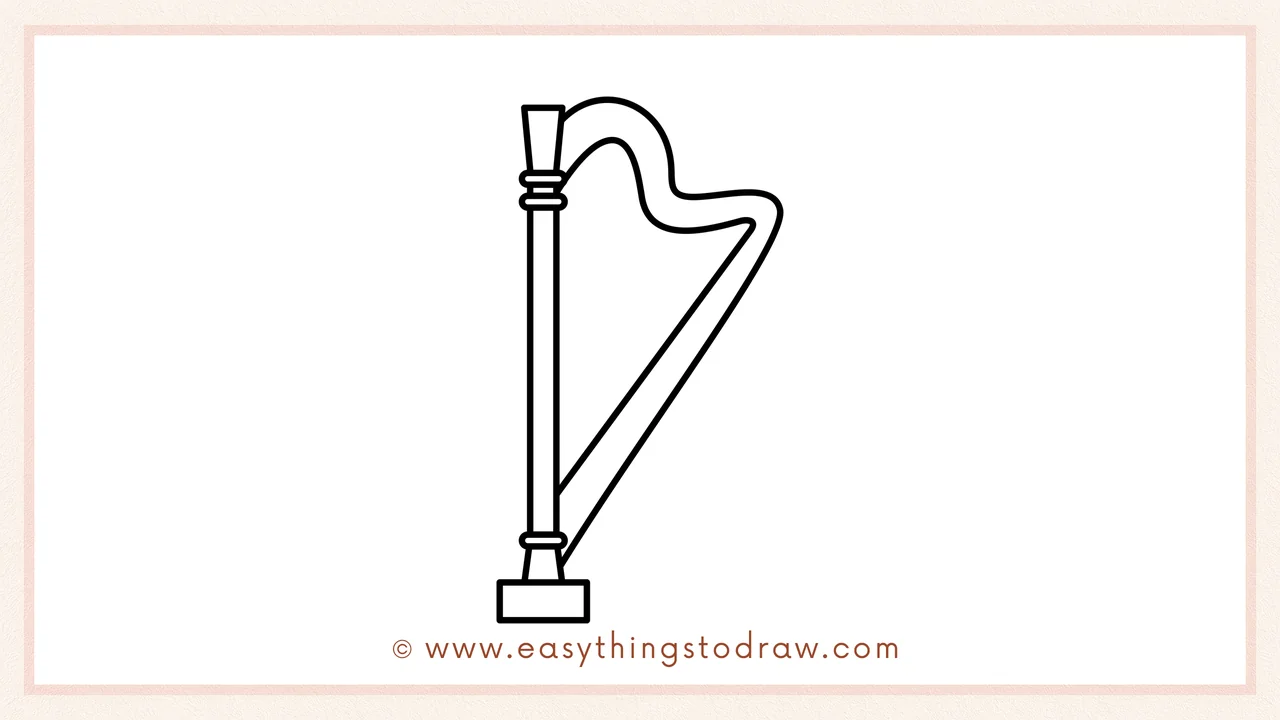 Step 4 of a step-by-step harp sketch – Drawing the large, sweeping curved arm that connects the top of the column to the base.