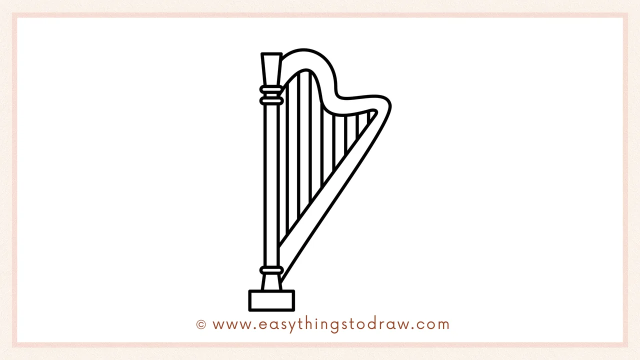 Step 5 of easy harp drawing steps – Adding evenly spaced diagonal lines inside the frame to represent the harp's strings.