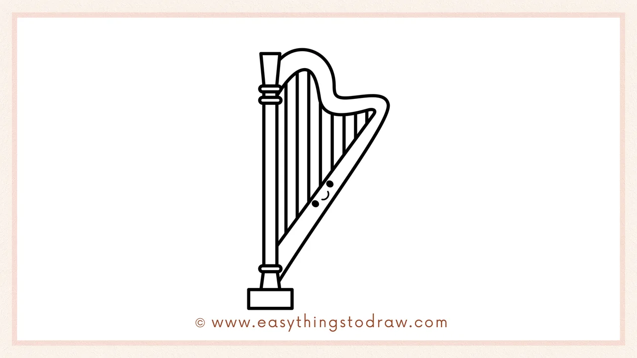 Step 6 of a simple harp drawing tutorial – Adding two dot eyes and a smile to the frame to give the harp a cute character.