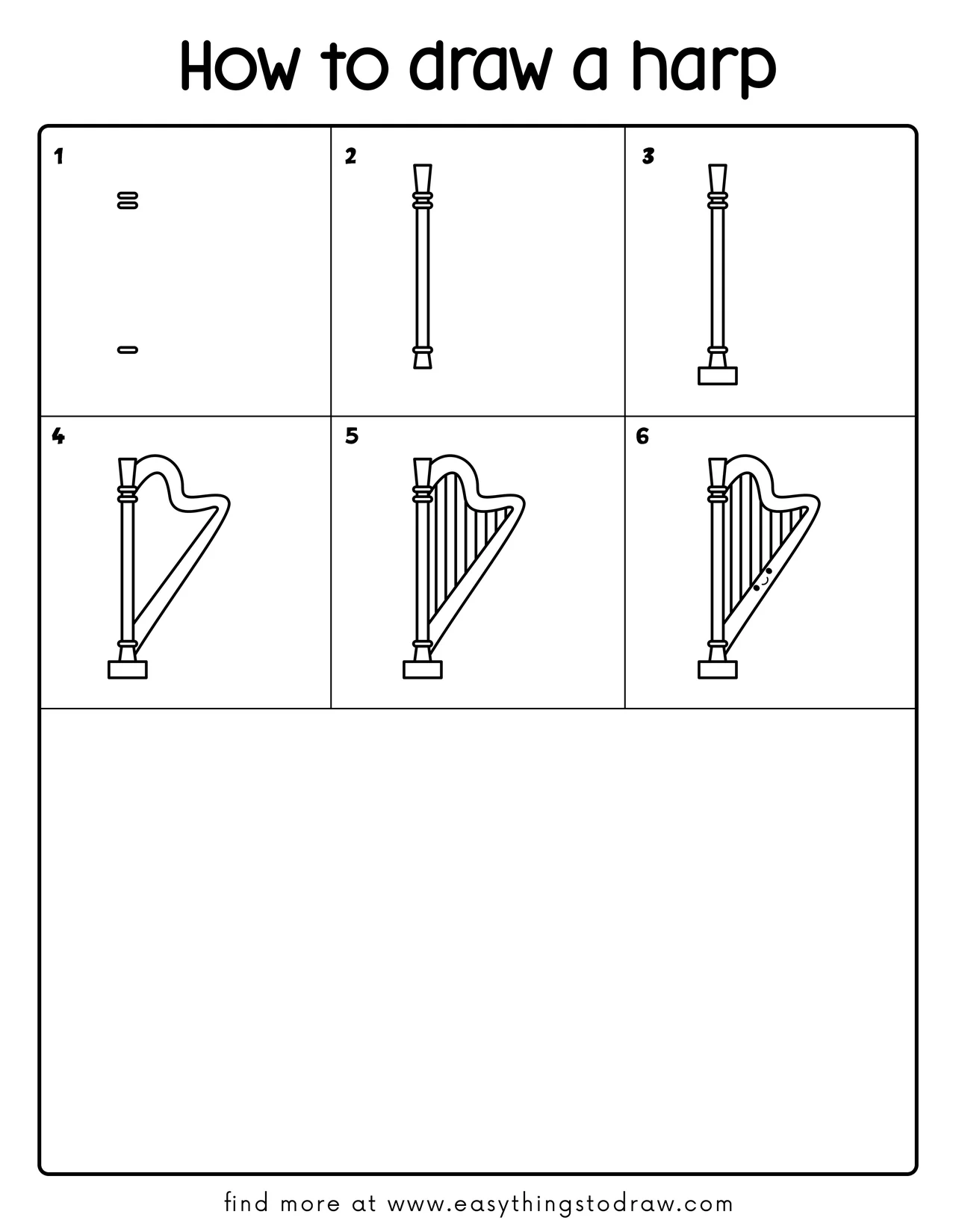 Step-by-step drawing tutorial showing how to draw a cute Irish harp in 6 easy steps for kids and beginners.