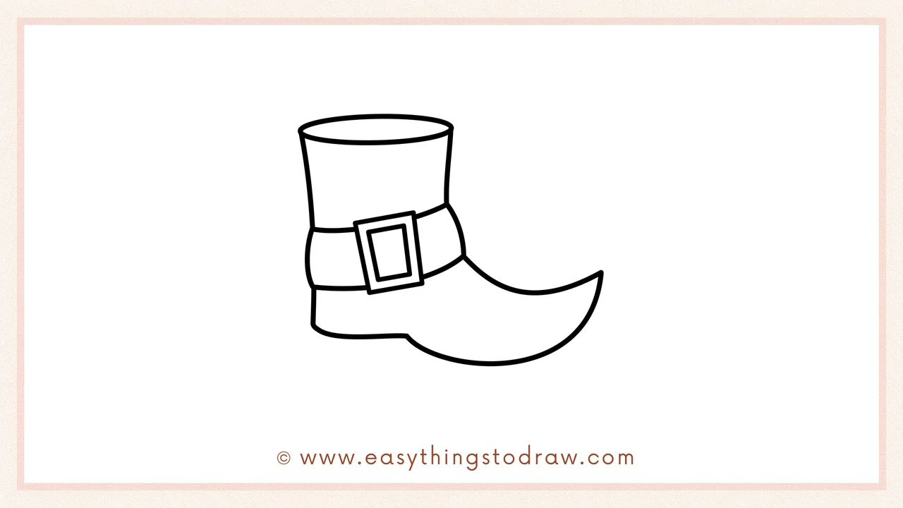 Step 4 of step-by-step leprechaun boot sketch – Creating the front of the boot with a long, curled toe and a flat bottom.