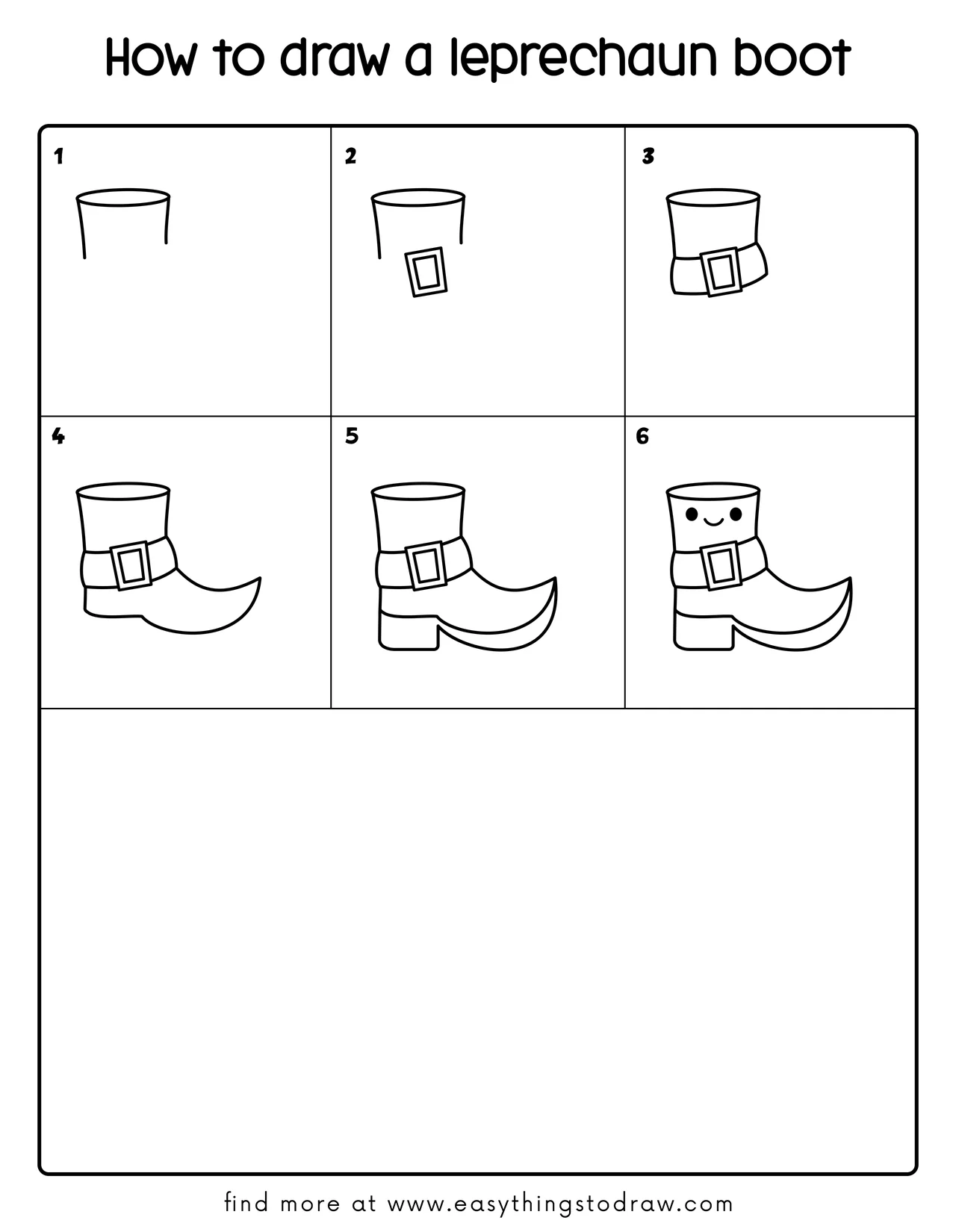 Step-by-step drawing tutorial showing how to draw a lucky leprechaun boot in 6 easy steps for kids and beginners.