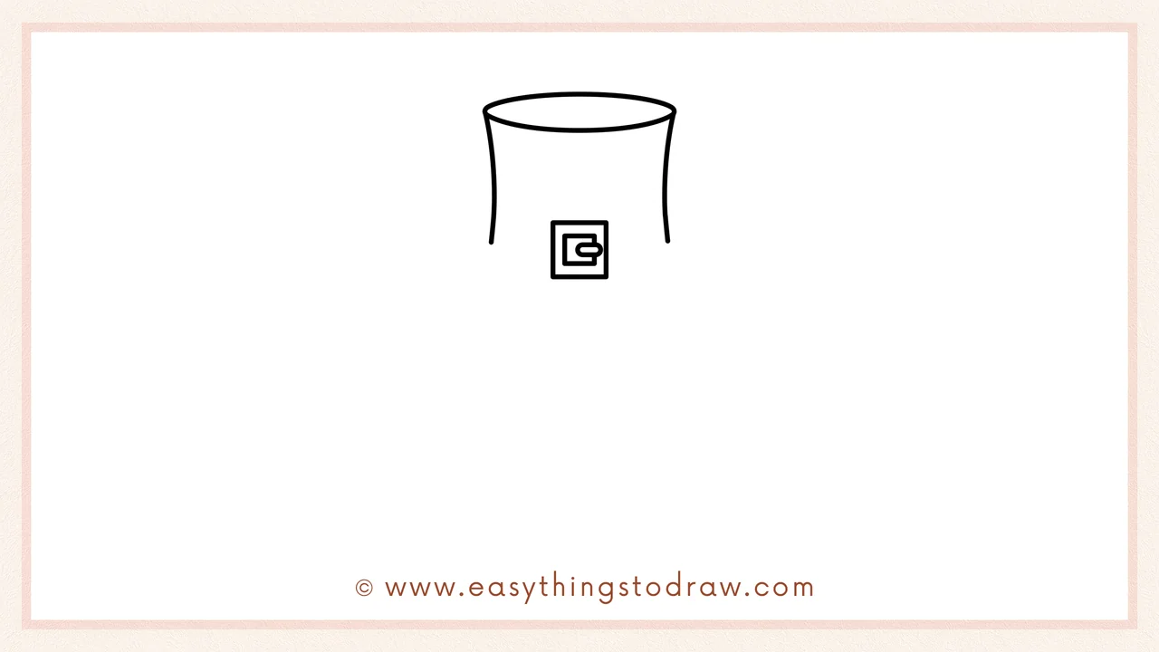Step 1 of how to draw a leprechaun – Begin by sketching a tall, curved hat shape with an oval on top and a square buckle in the front.
