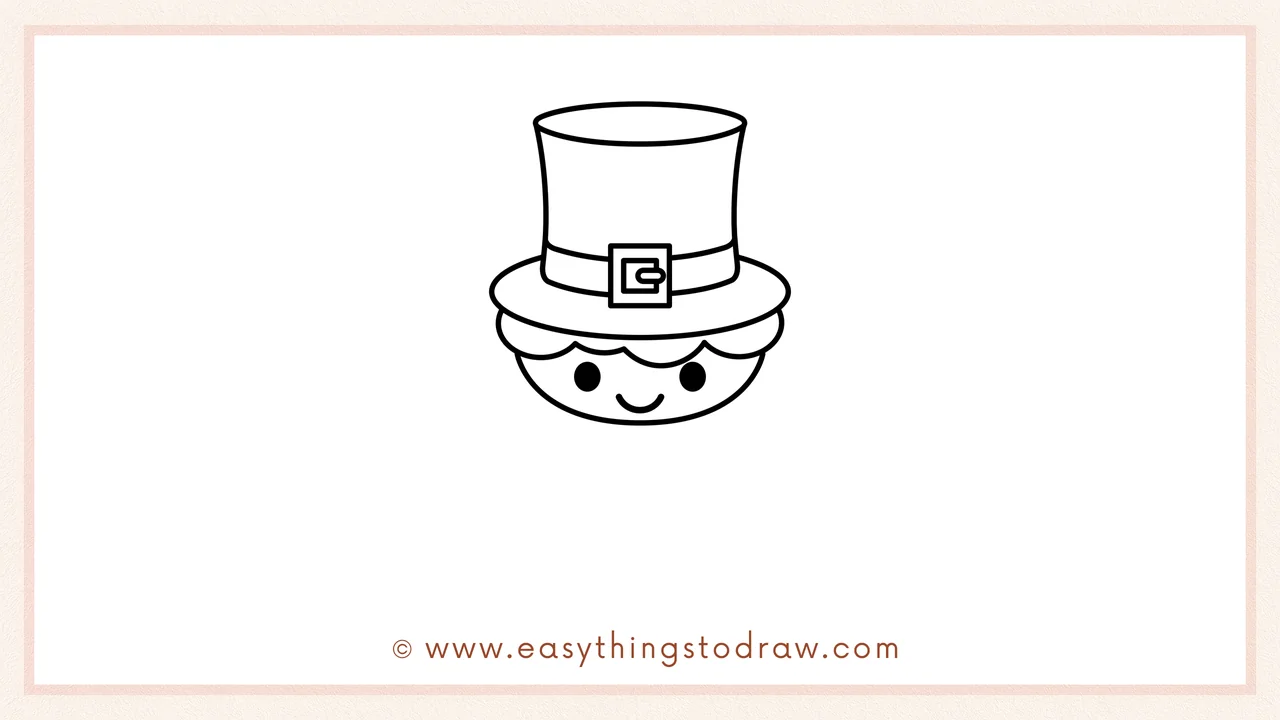 Step 3 of sketching a leprechaun for beginners – Draw a simple face with round eyes and a smile, then add bumpy curves for the top layer of the beard.