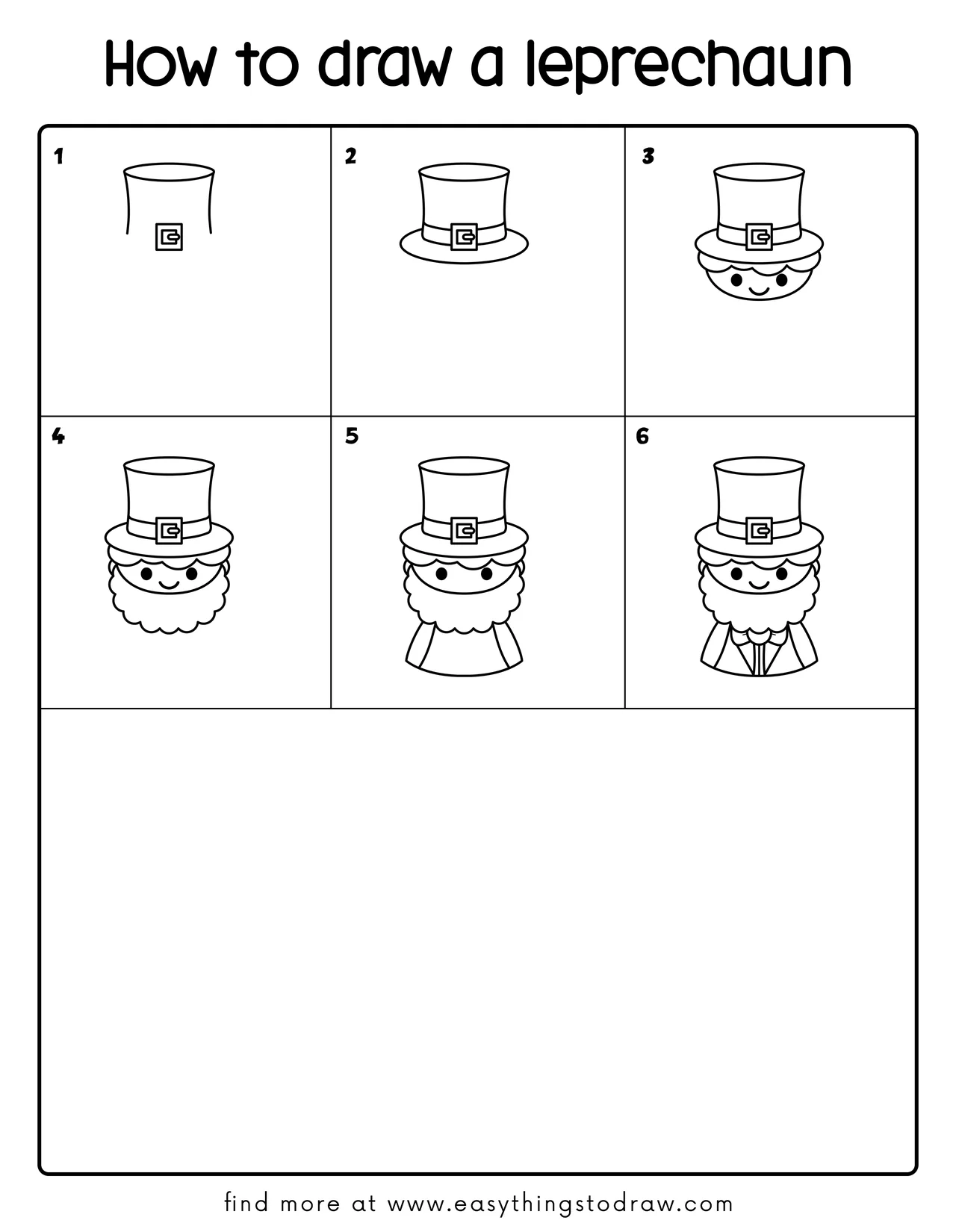 Step-by-step drawing tutorial showing how to draw a cute cartoon leprechaun in 6 easy steps for kids and beginners.