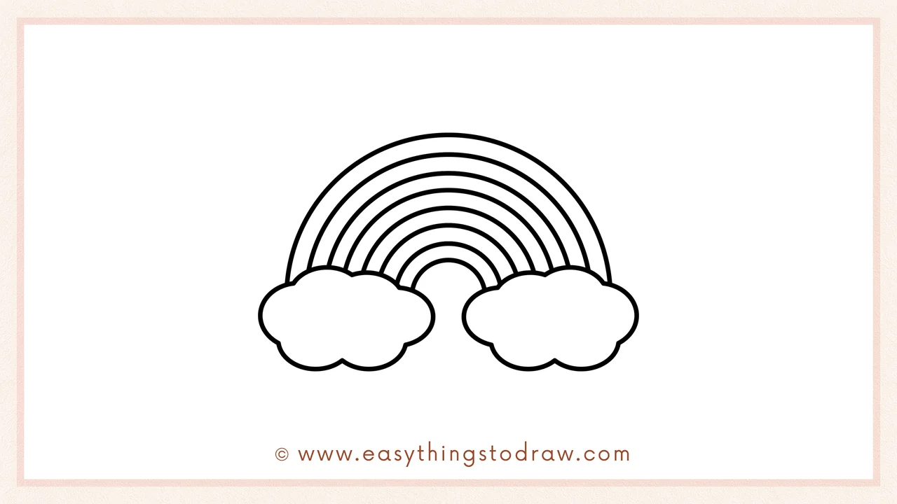Step 5 of easy rainbow drawing steps – Finishing the drawing by adding enough curved lines to complete all the rainbow layers.