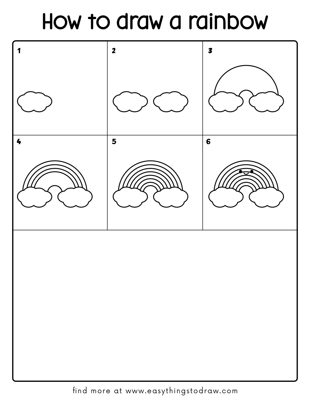 Step-by-step drawing tutorial showing how to draw a cute rainbow in 6 easy steps, perfect for kids and beginners.