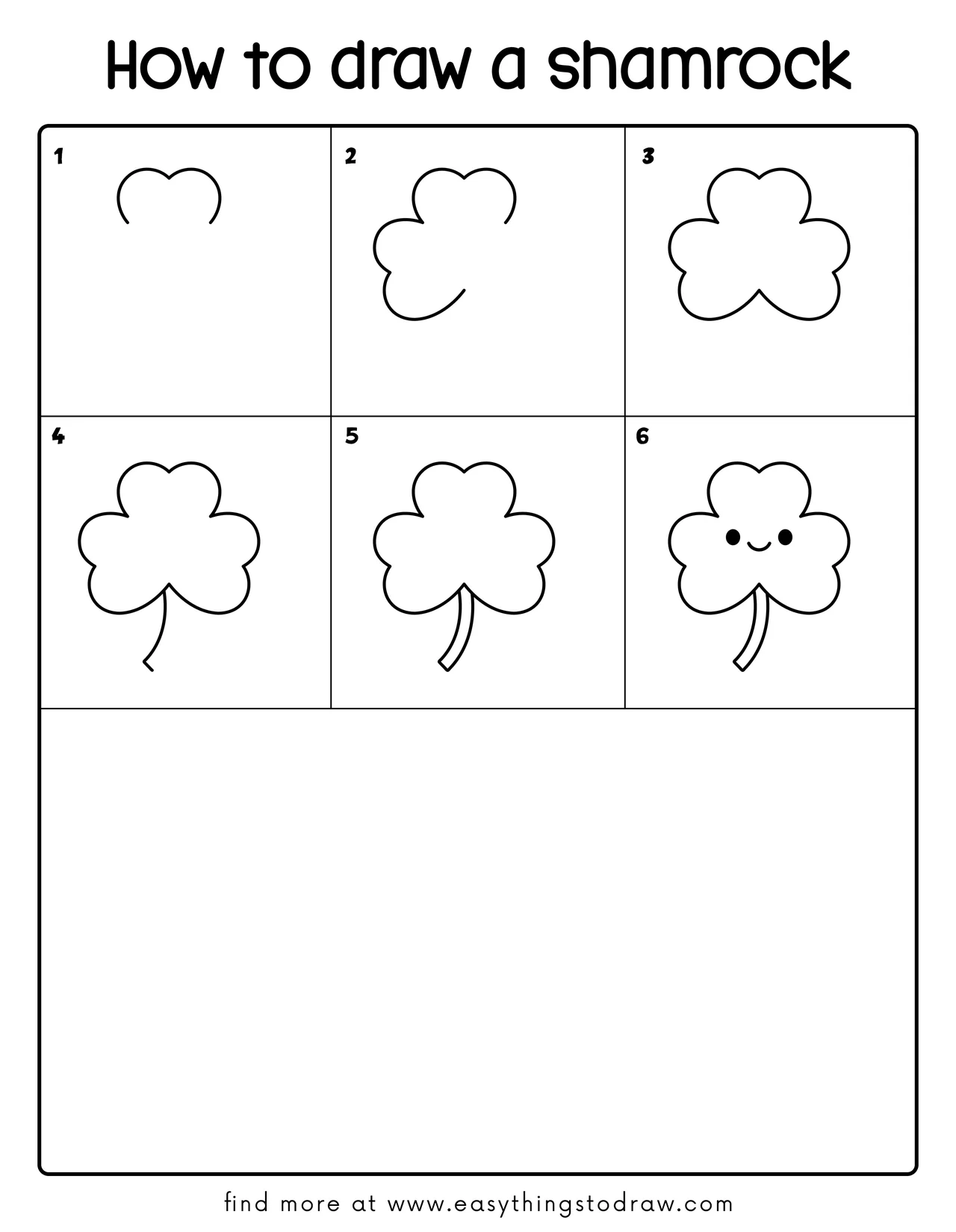 Step-by-step drawing tutorial showing how to draw a cute shamrock in 6 easy steps for kids and beginners.