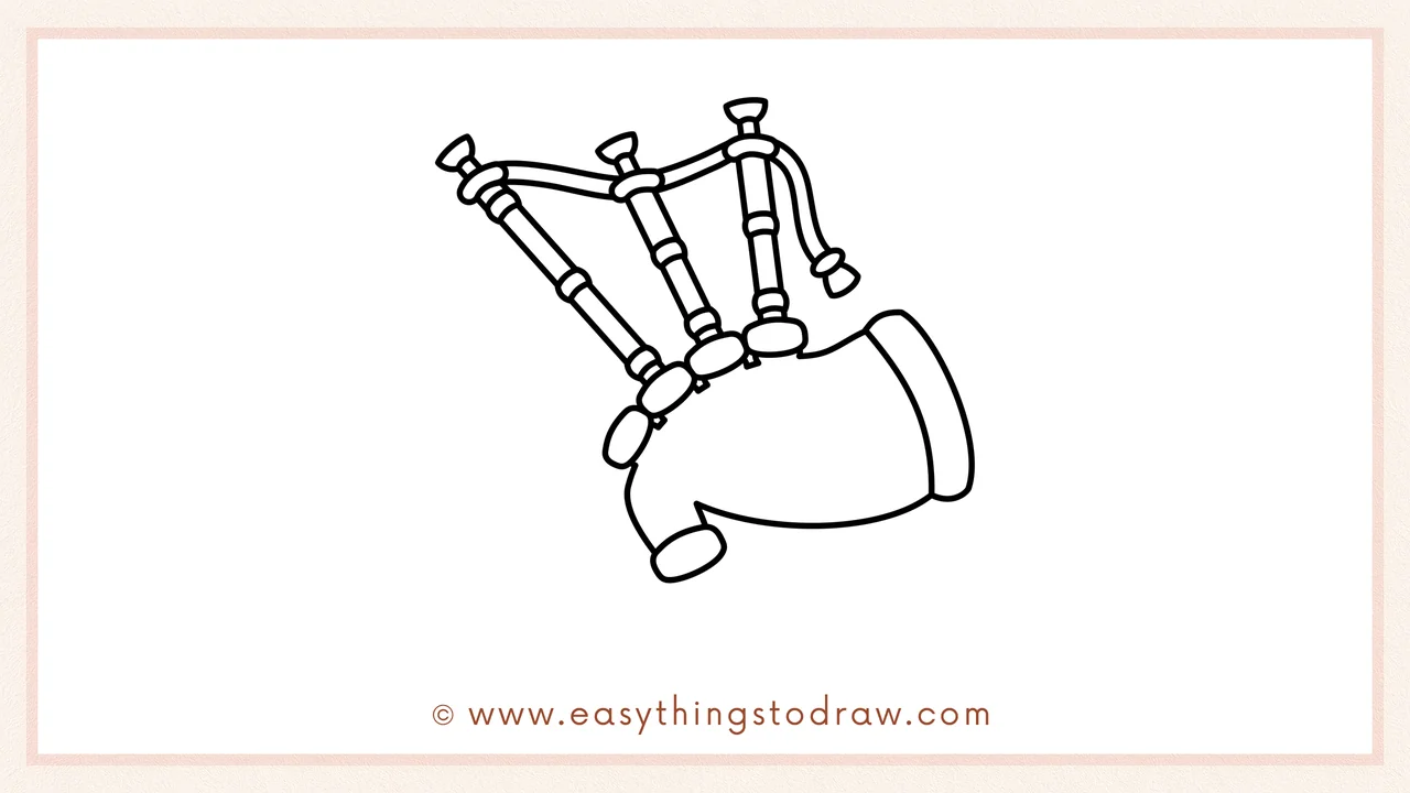 Step 3 of sketching a Uilleann pipes for beginners – Drawing two more tall drone pipes sticking out from the top at different angles.