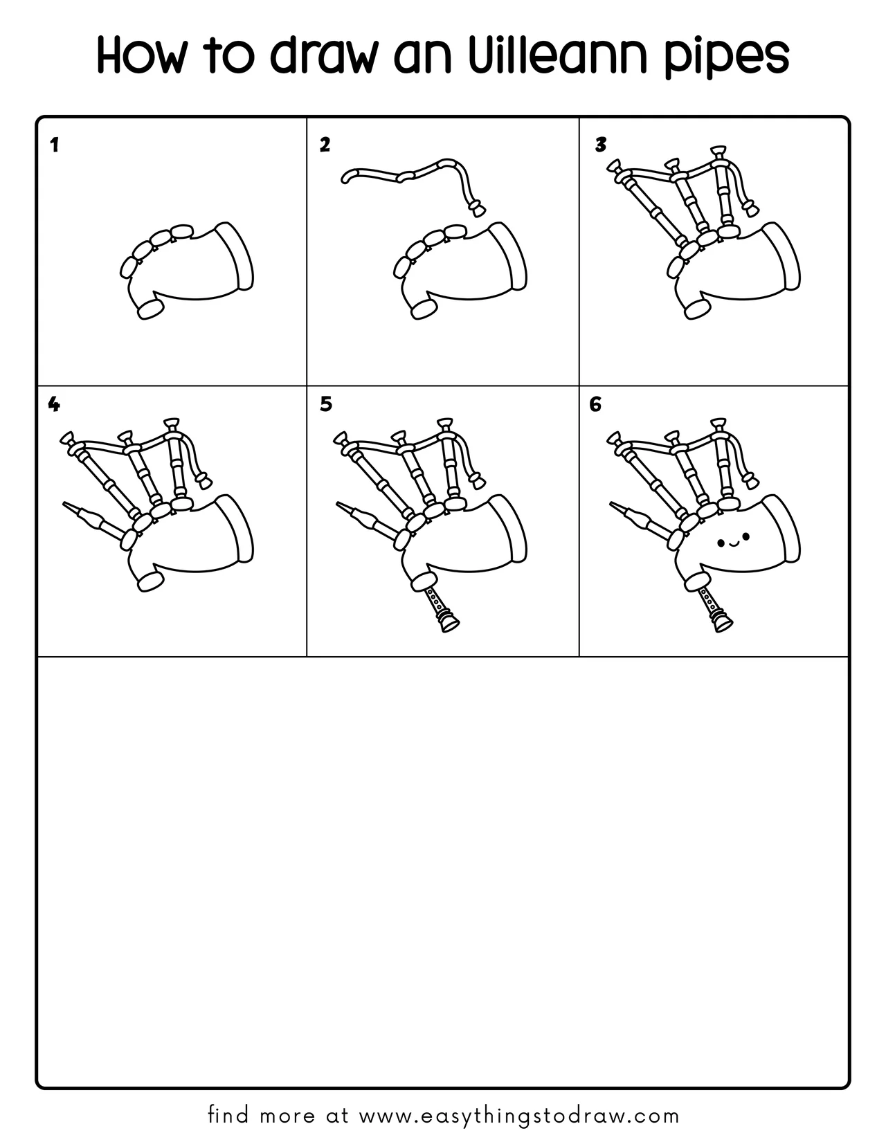 A step-by-step grid showing how to draw cute Uilleann pipes in 6 easy steps, perfect for kids and beginners.