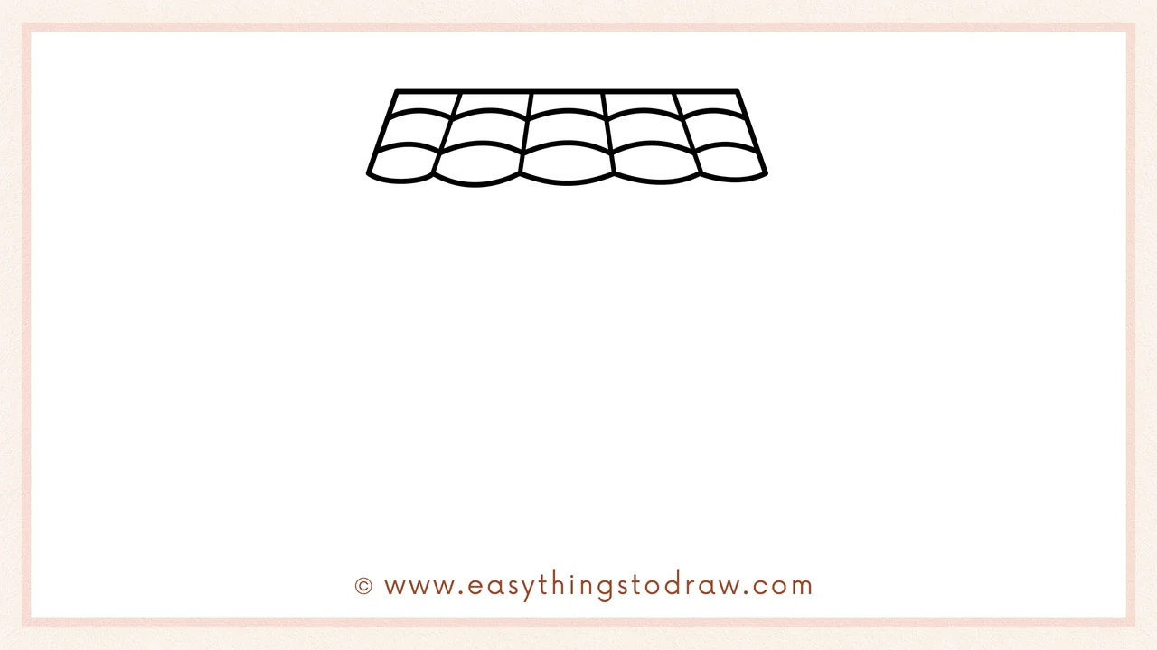 Step 1 of how to draw a wishing well – Start by drawing the slanted roof with curved shingle lines underneath.