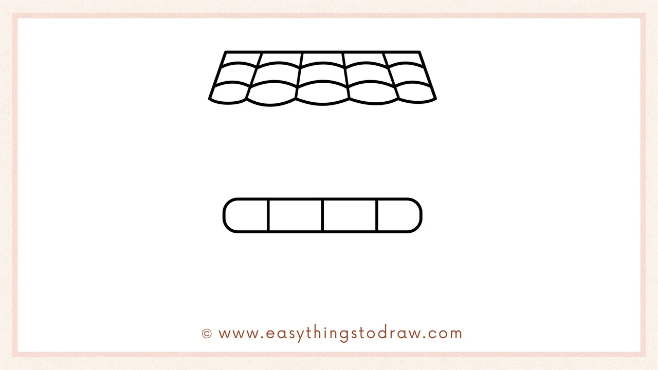 Step 2 of drawing a wishing well – Add a long, rounded horizontal beam below the roof to hold the rope.