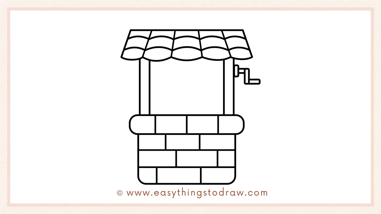 Step 4 of step-by-step wishing well sketch – Add two vertical posts connecting the well to the roof and a small crank handle.