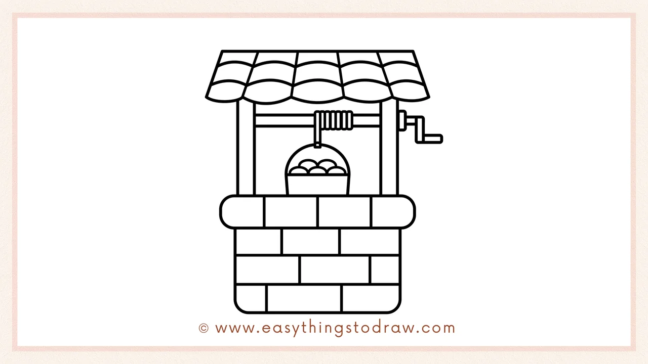 Step 5 of easy wishing well drawing steps – Sketch a bucket in the center with a spiral rope connecting to the beam.