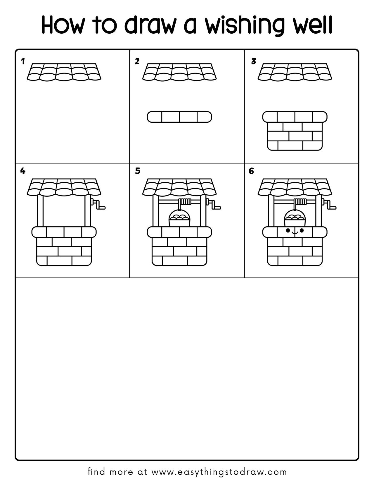 Step-by-step drawing tutorial showing how to draw a cute wishing well in 6 easy steps for kids and beginners.